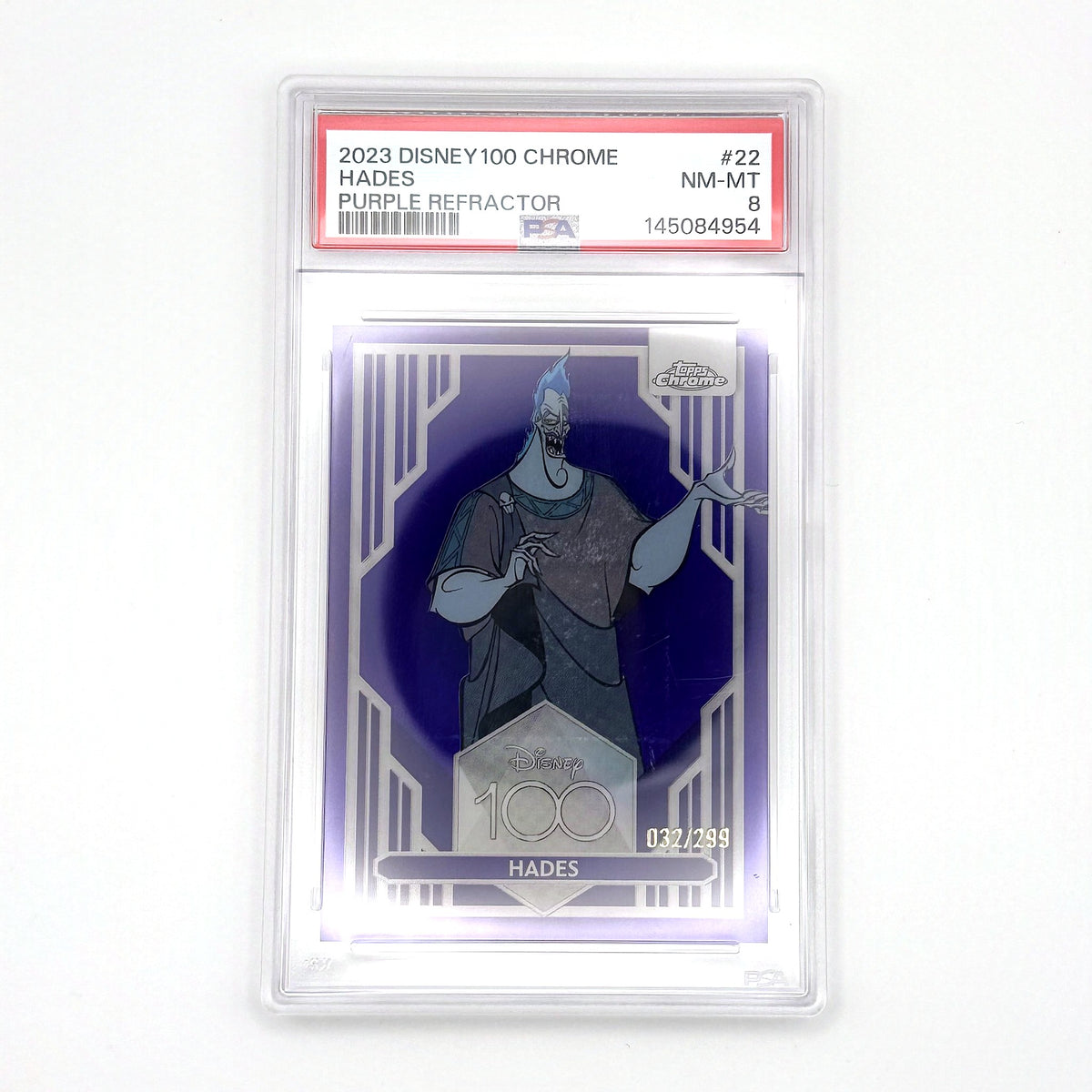 2023 Topps Chrome Disney 100 Hades #22 Purple Refractor /299 PSA 8