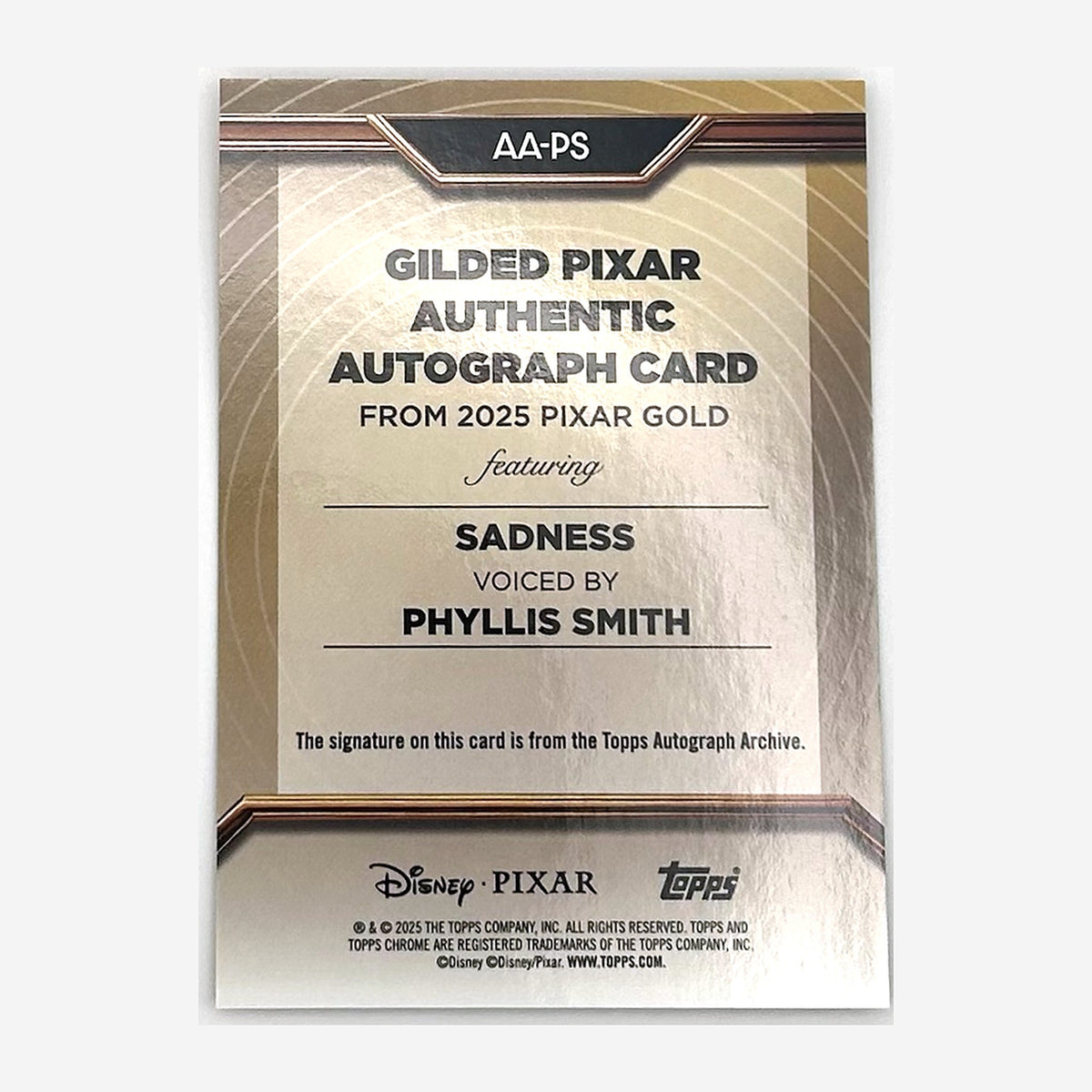2025 Pixar Gold Gilded Sadness (Phyllis Smith) Authentic Autograph #AA-PS back