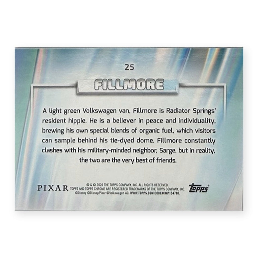 2026 Topps Chrome Disney Fillmore #25 Blue Refractor /150 (044/150) back