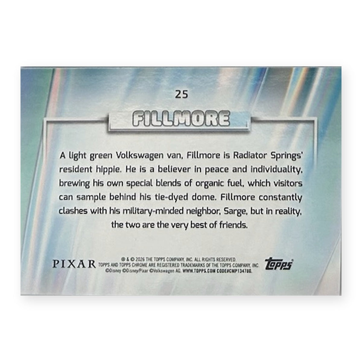 2026 Topps Chrome Disney Fillmore #25 Blue Refractor /150 (044/150) back