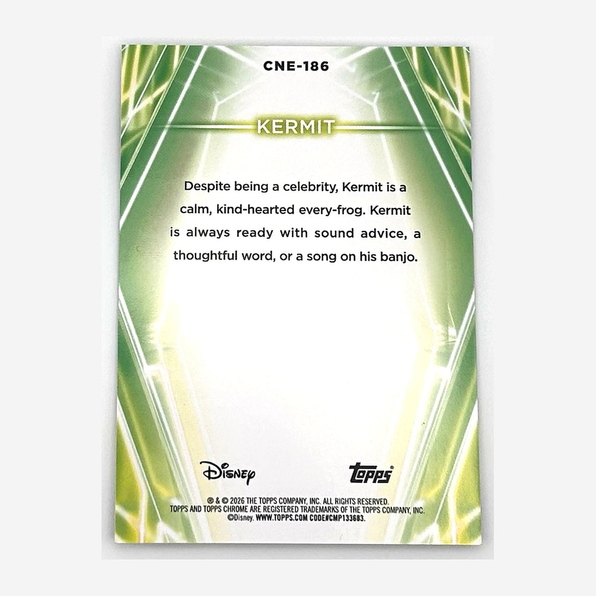 2026 Topps Disney Neon Chrome Neon-Etch Kermit #CNE-186 Black Speckle Refractor 01/10 back