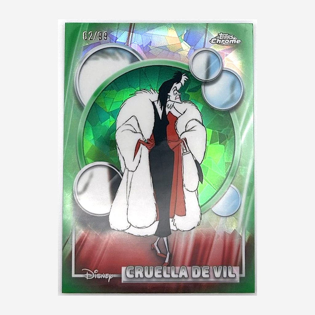 2026 Topps Chrome Sapphire Disney Cruella De Vil #65 Green Sapphire /99 front