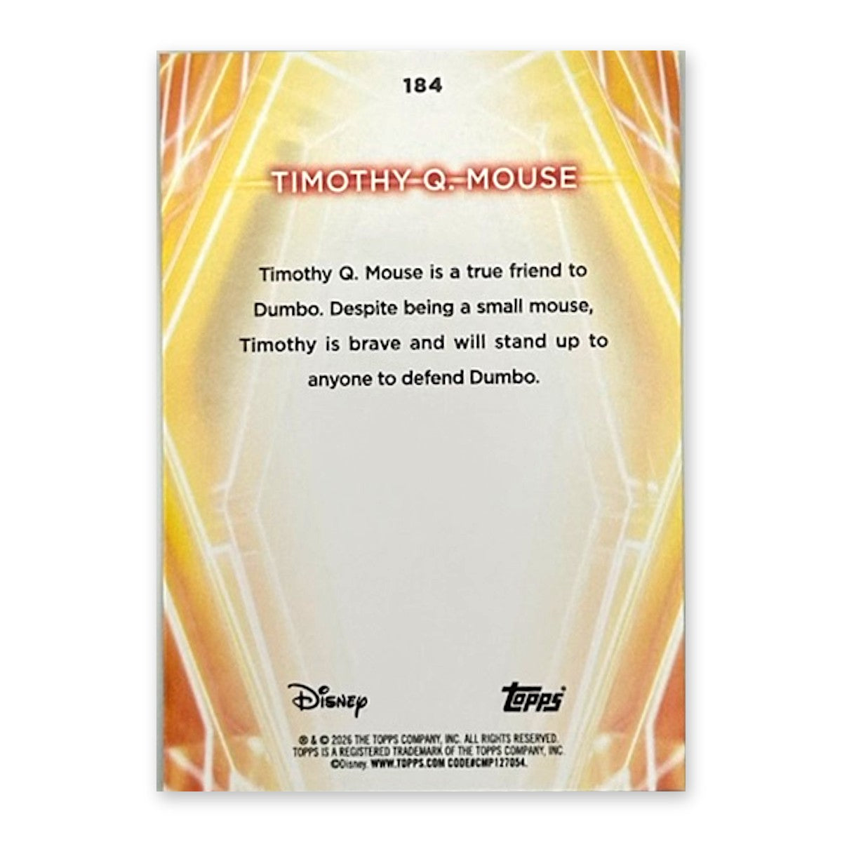 2026 Topps Disney Neon Timothy Q. Mouse #184 Purple/Yellow/Blue /99 (78/99) back