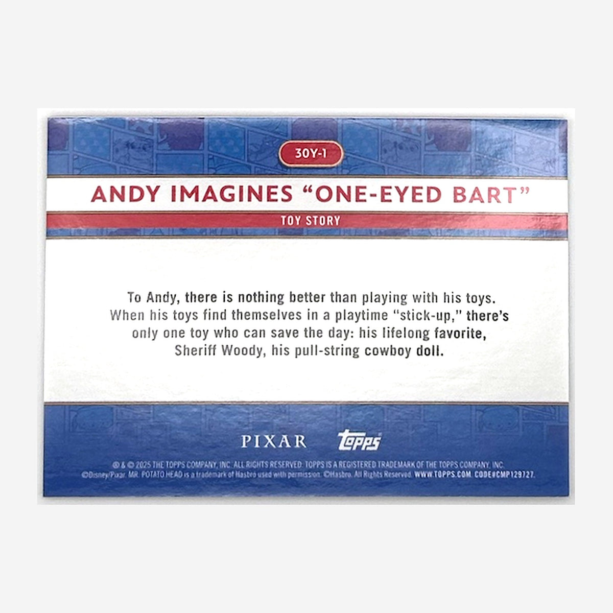 2025 Topps Toy Story 30 Years & Beyond Andy Imagines "One-Eyed Bart" #30Y-1 Red /5 back