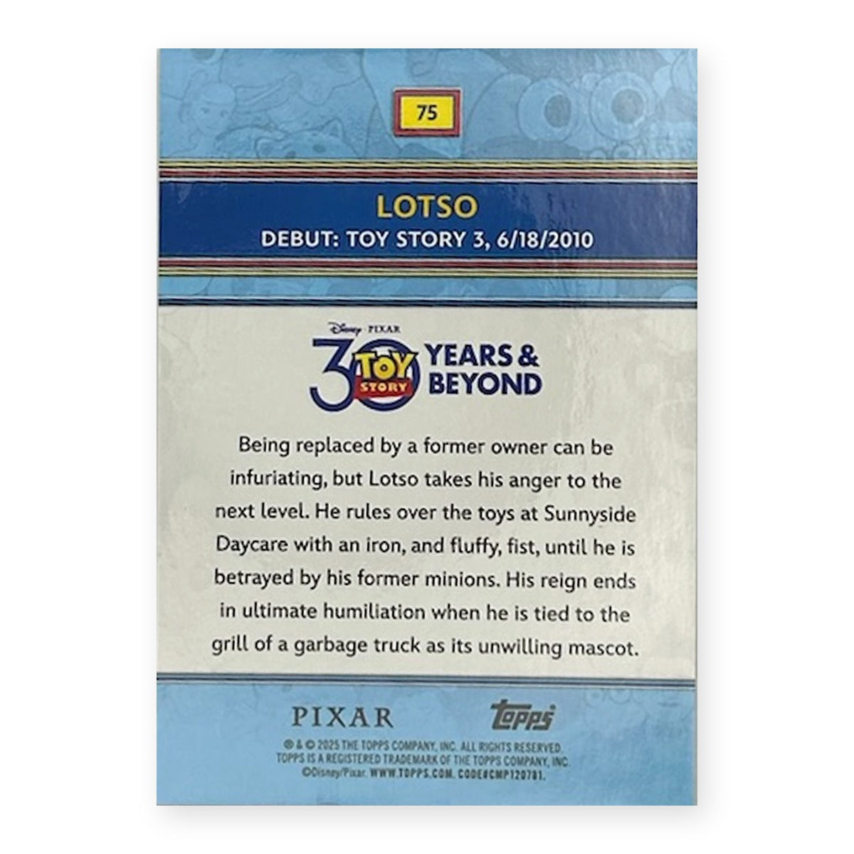 2025 Topps Toy Story 30 Years & Beyond Lotso #75 Pizza Planet Variation back