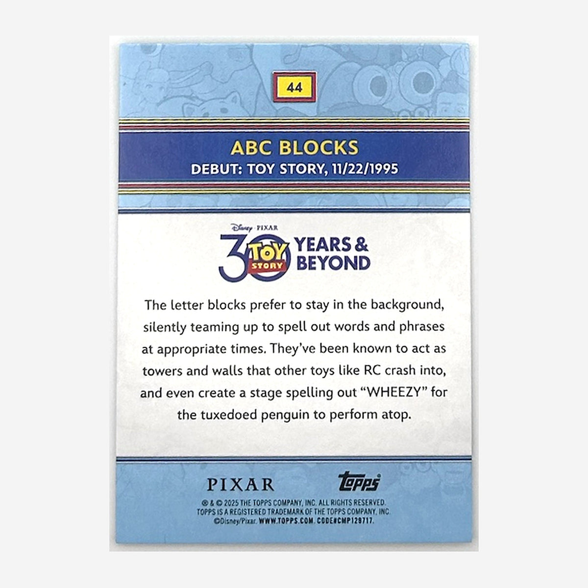 2025 Topps Toy Story 30 Years & Beyond ABC Blocks #44 Aqua Foil /199 back