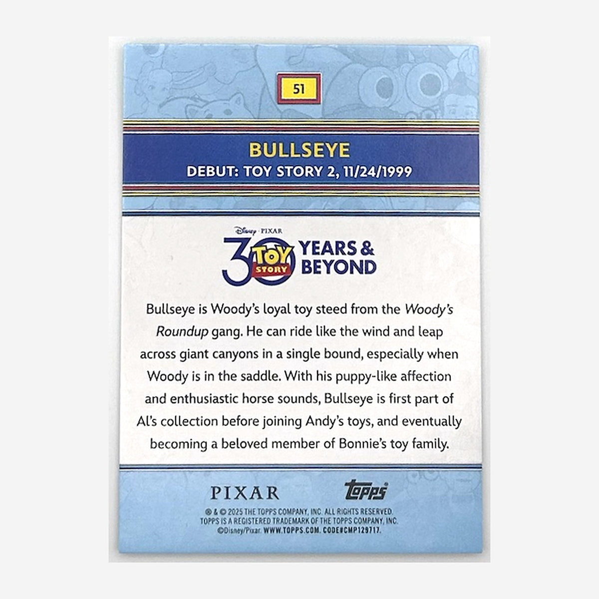 2025 Topps Toy Story 30 Years & Beyond Bullseye #51 Aqua Foil /199 back