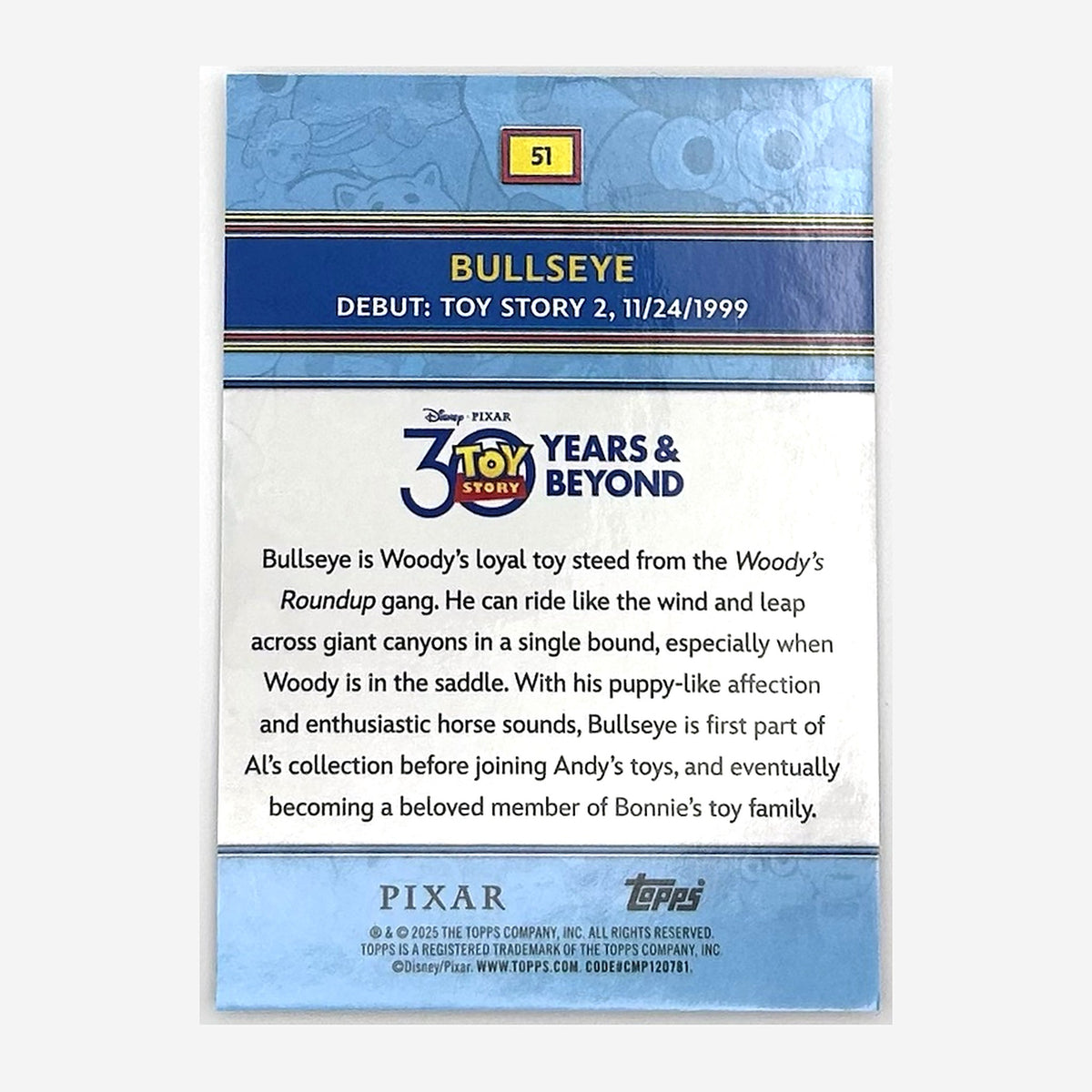 2025 Topps Toy Story 30 Years & Beyond Bullseye #51 Hologram back