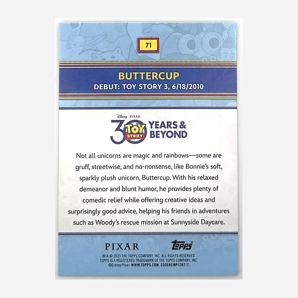 2025 Topps Toy Story 30 Years & Beyond Buttercup #71 Aqua Foil /199 back