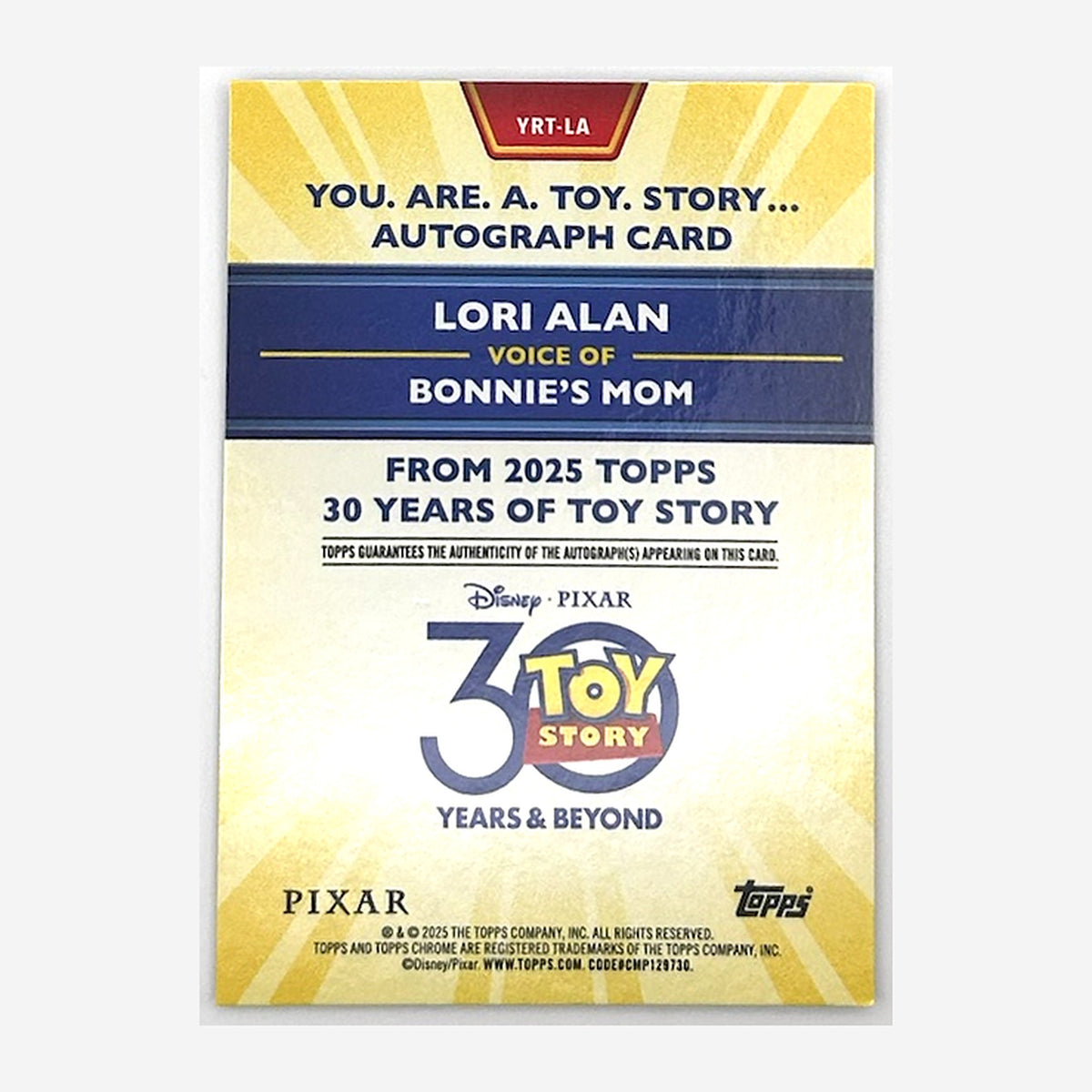 2025 Topps Toy Story 30 Years & Beyond Bonnie's Mom (Lori Alan) Autograph #YRT-LA /99 back
